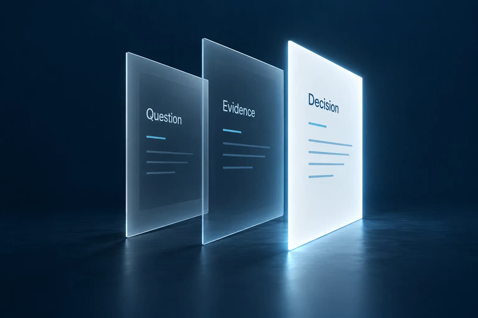 Three document planes labelled Question, Evidence and Decision